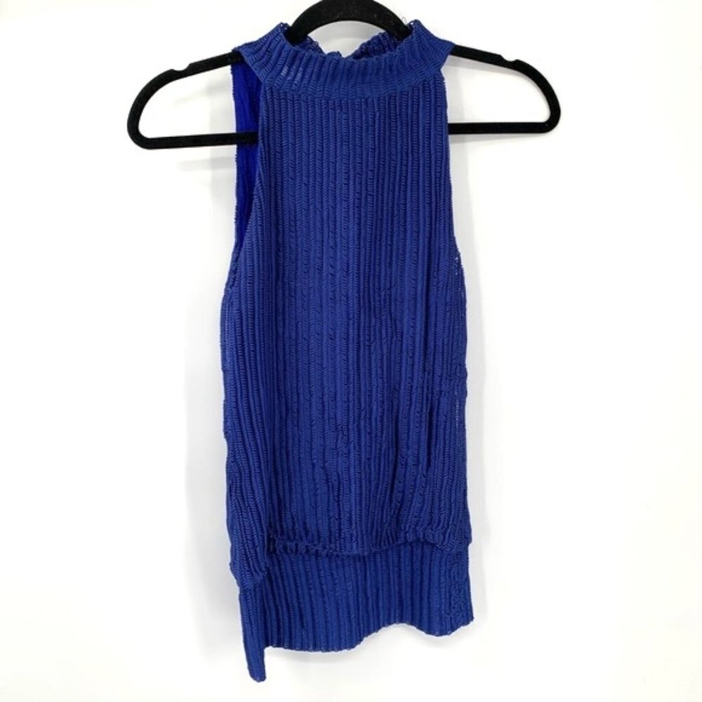 BWEAR Textured Tie Neck Blouse Top Shell Tank Blue